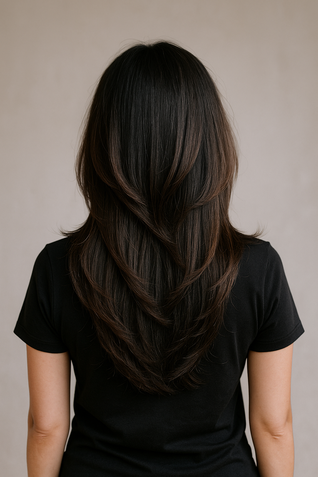 Back view of butterfly haircut with long and short layers