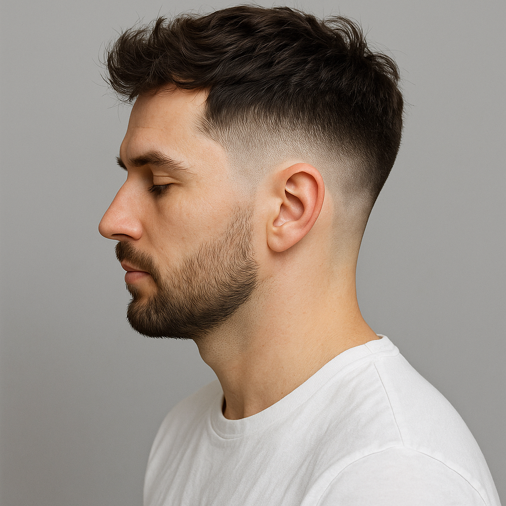Man with low fade haircut and textured top