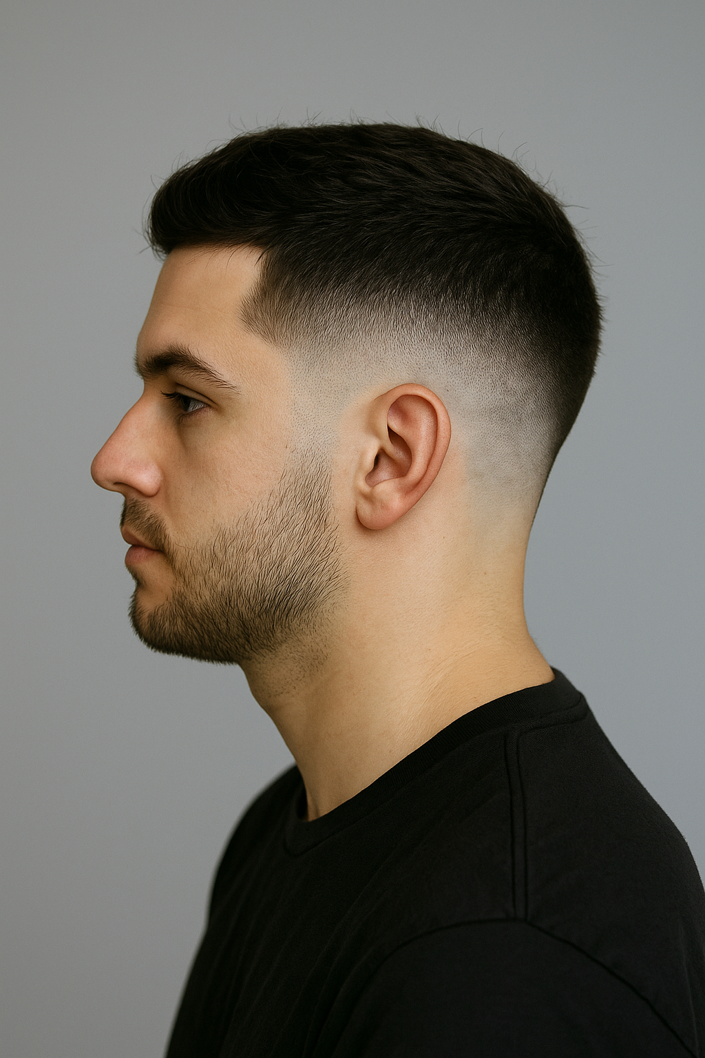 Side view of low fade haircut starting near the ear