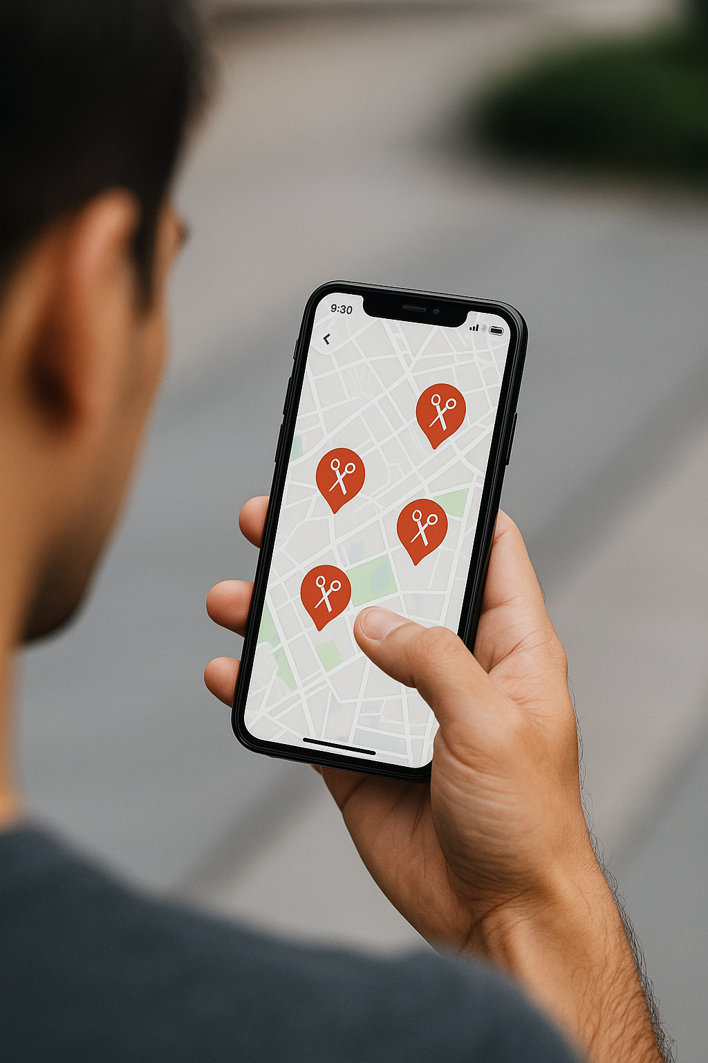 Person looking at map on phone with salon icons